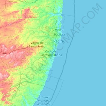 Mapa topográfico Região Metropolitana do Recife, altitude, relevo