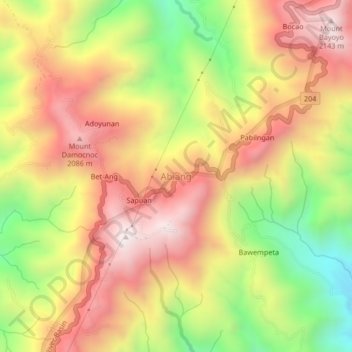 Mapa topográfico Abiang, altitude, relevo