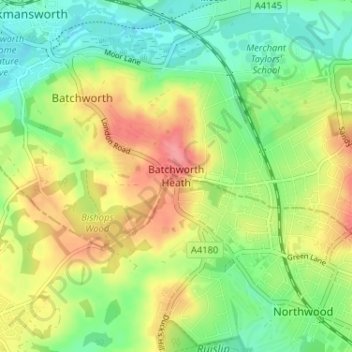 Mapa topográfico Batchworth Heath, altitude, relevo