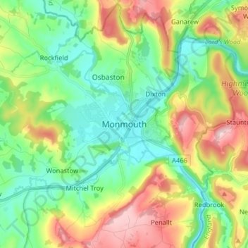 Mapa topográfico Monmouth, altitude, relevo