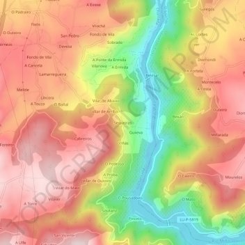 Mapa topográfico Sequeiras, altitude, relevo