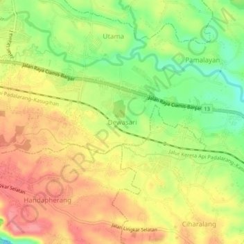Mapa topográfico Dewasari, altitude, relevo