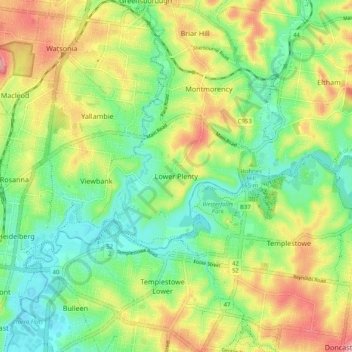 Mapa topográfico Lower Plenty, altitude, relevo