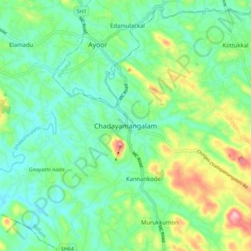Mapa topográfico Chadayamangalam, altitude, relevo