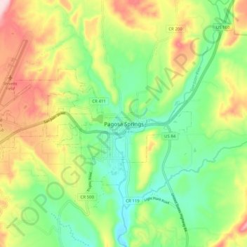 Mapa topográfico Pagosa Springs, altitude, relevo