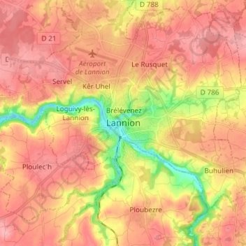 Mapa topográfico Lannion, altitude, relevo