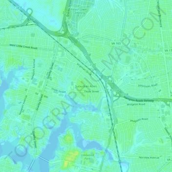 Mapa topográfico Suburban Acres, altitude, relevo