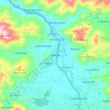 Mapa topográfico Arenas, altitude, relevo