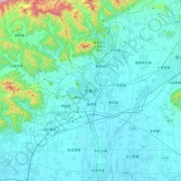 Mapa topográfico 怀柔区, altitude, relevo
