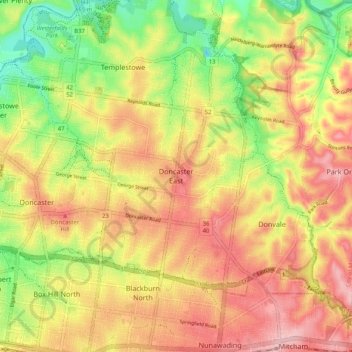 Mapa topográfico Doncaster East, altitude, relevo
