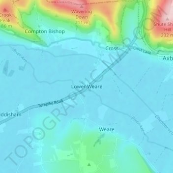 Mapa topográfico Lower Weare, altitude, relevo