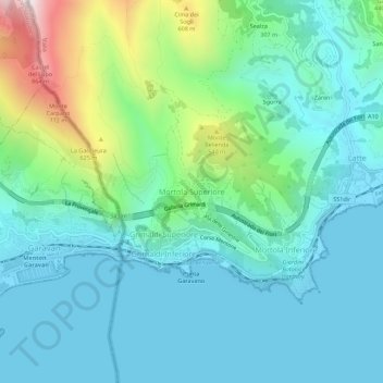 Mapa topográfico Mortola Superiore, altitude, relevo