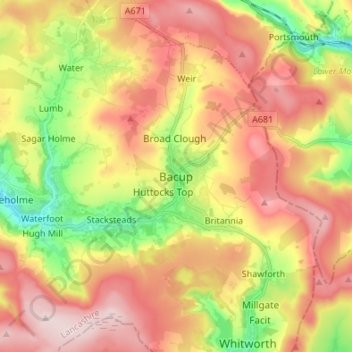 Mapa topográfico Bacup, altitude, relevo
