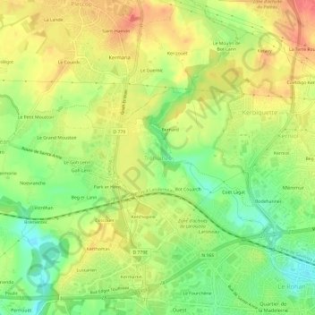 Mapa topográfico Tréhuinec, altitude, relevo