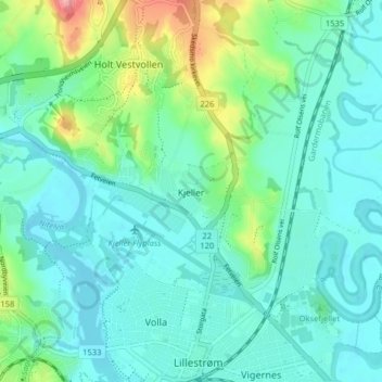 Mapa topográfico Kjeller, altitude, relevo