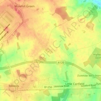 Mapa topográfico Bamber´s Green, altitude, relevo
