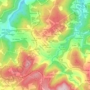 Mapa topográfico As Bouzas, altitude, relevo