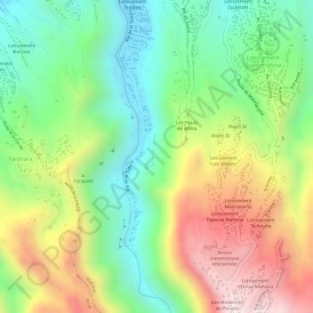 Mapa topográfico Vallée Tuauru, altitude, relevo