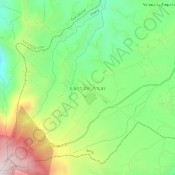 Mapa topográfico Llano de Ovejas, altitude, relevo