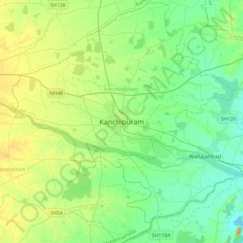 Mapa topográfico Kanchipuram, altitude, relevo