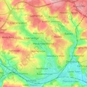 Mapa topográfico Heckmondwike, altitude, relevo