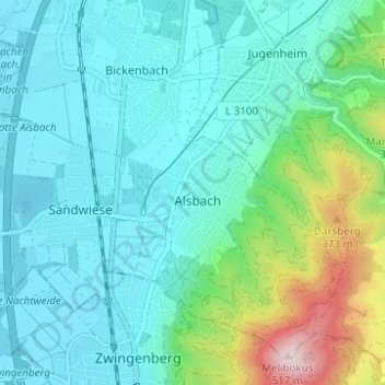 Mapa topográfico Alsbach, altitude, relevo