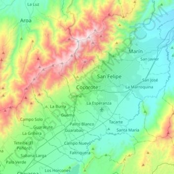 Mapa topográfico Cocorote, altitude, relevo