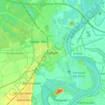 Mapa topográfico Speyer, altitude, relevo