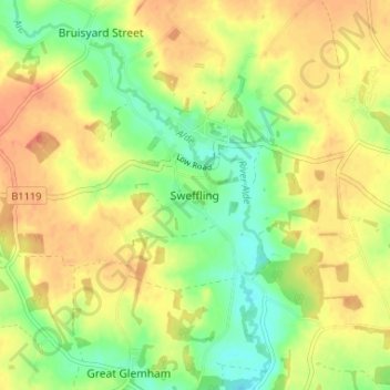 Mapa topográfico Sweffling, altitude, relevo