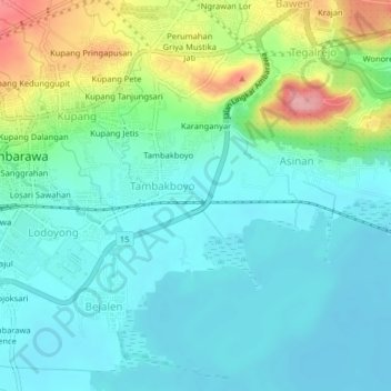 Mapa topográfico Tambak Sari, altitude, relevo