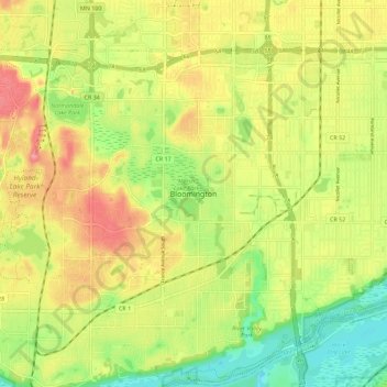 Mapa topográfico Bloomington, altitude, relevo