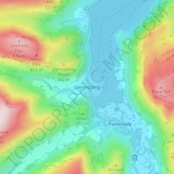 Mapa topográfico Glenridding, altitude, relevo
