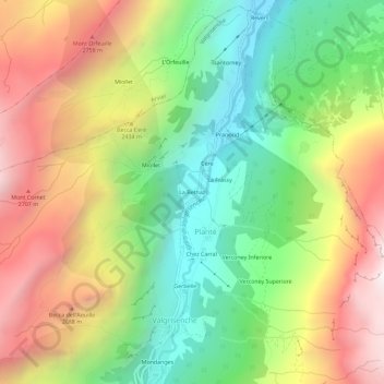 Mapa topográfico La Bethaz, altitude, relevo