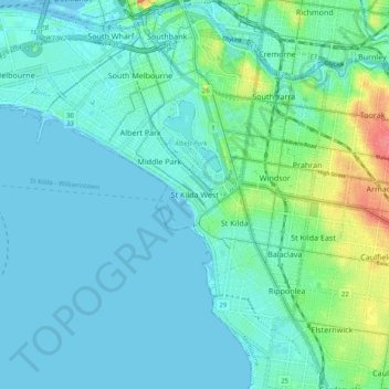 Mapa topográfico St Kilda West, altitude, relevo