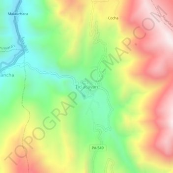 Mapa topográfico Ticlacayan, altitude, relevo
