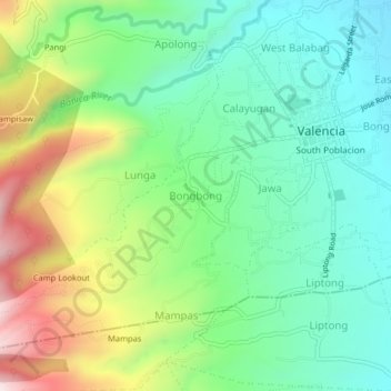 Mapa topográfico Bongbong, altitude, relevo