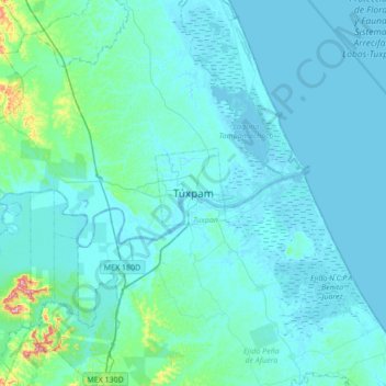 Mapa topográfico Túxpam, altitude, relevo