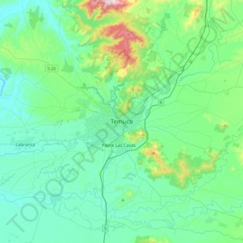 Mapa topográfico Temuco, altitude, relevo