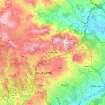 Mapa topográfico Caneças, altitude, relevo