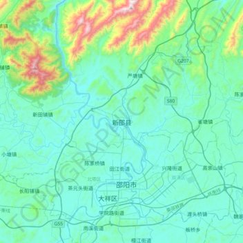 Mapa topográfico 新邵县, altitude, relevo