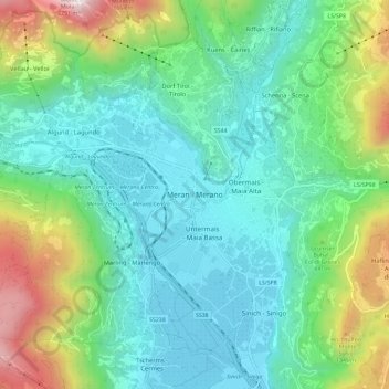 Mapa topográfico Meran, altitude, relevo