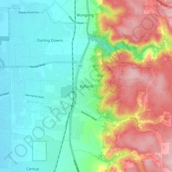 Mapa topográfico Byford, altitude, relevo