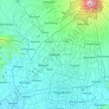 Mapa topográfico Sleman, altitude, relevo