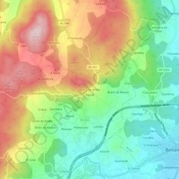 Mapa topográfico Brans de Arriba, altitude, relevo