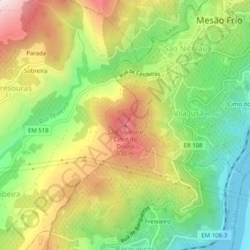 Mapa topográfico São Silvestre Cimo do Douro, altitude, relevo