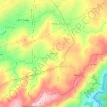 Mapa topográfico Arcozelo, altitude, relevo