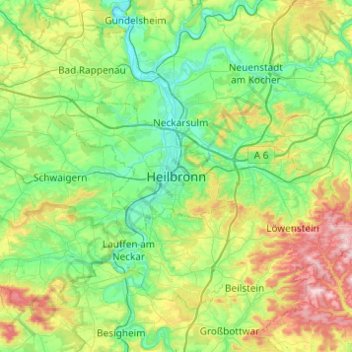 Mapa topográfico Heilbronn, altitude, relevo