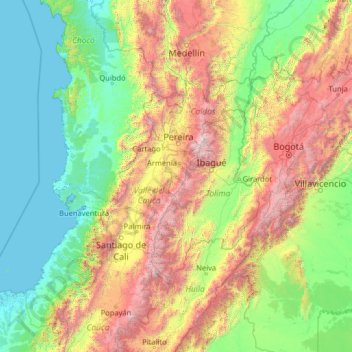 Mapa topográfico Quindío, altitude, relevo