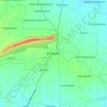 Mapa topográfico Arachalur, altitude, relevo