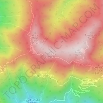 Mapa topográfico Carnizza, altitude, relevo